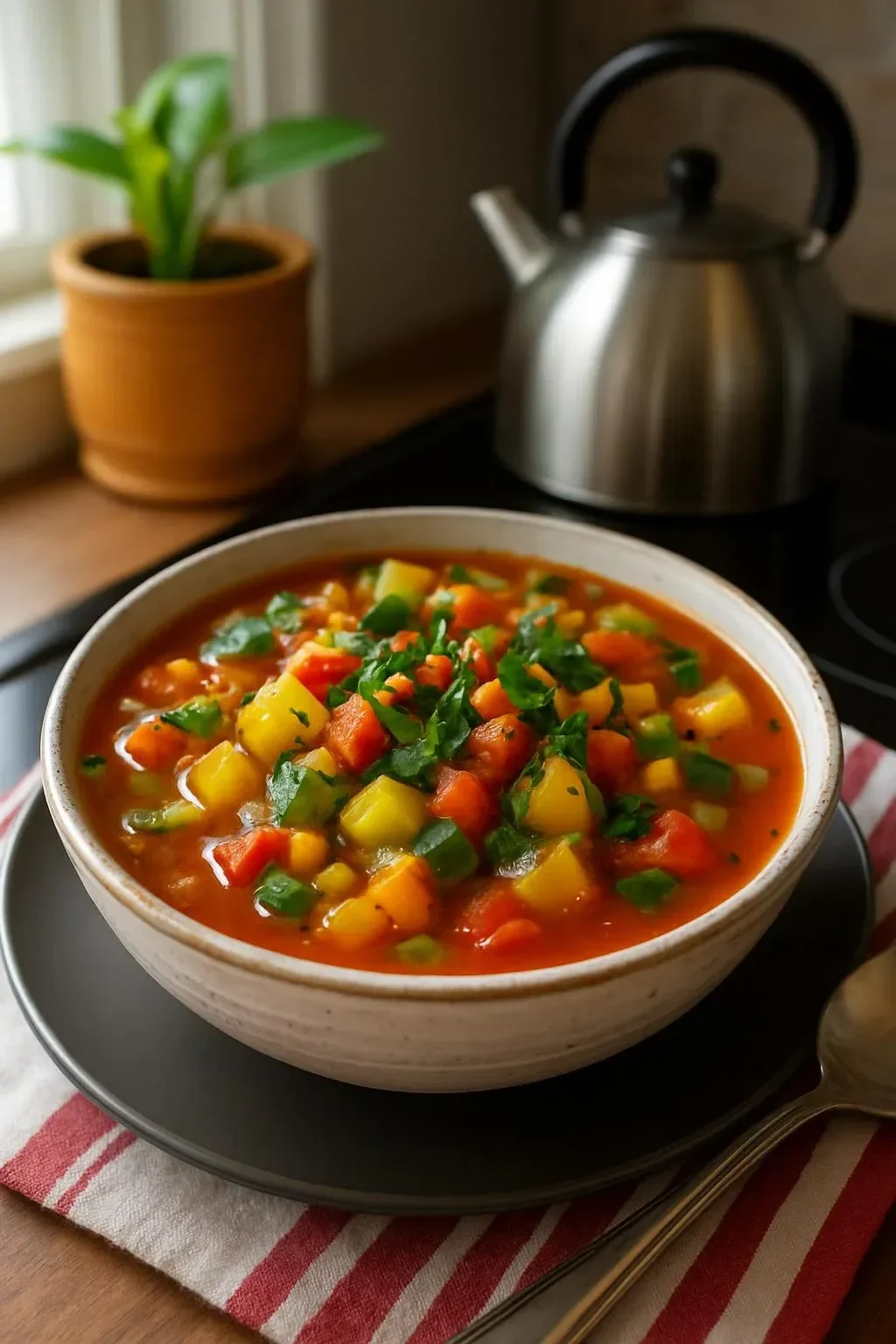 Bowl of easy and delicious veggie soup with colorful vegetables