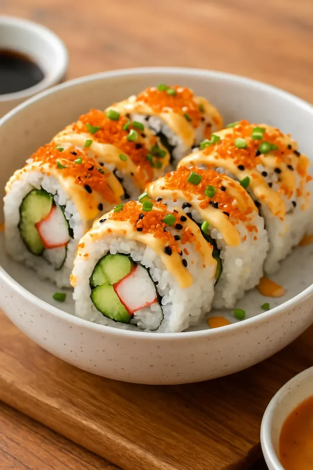 Bowl of Easy California Roll sushi ingredients including crab, avocado, and rice