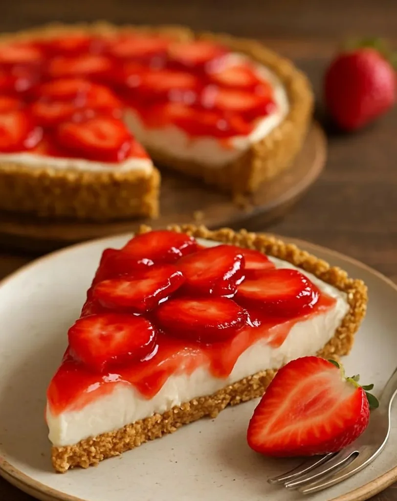 Slice of easy cream cheese strawberry pizza topped with fresh strawberries