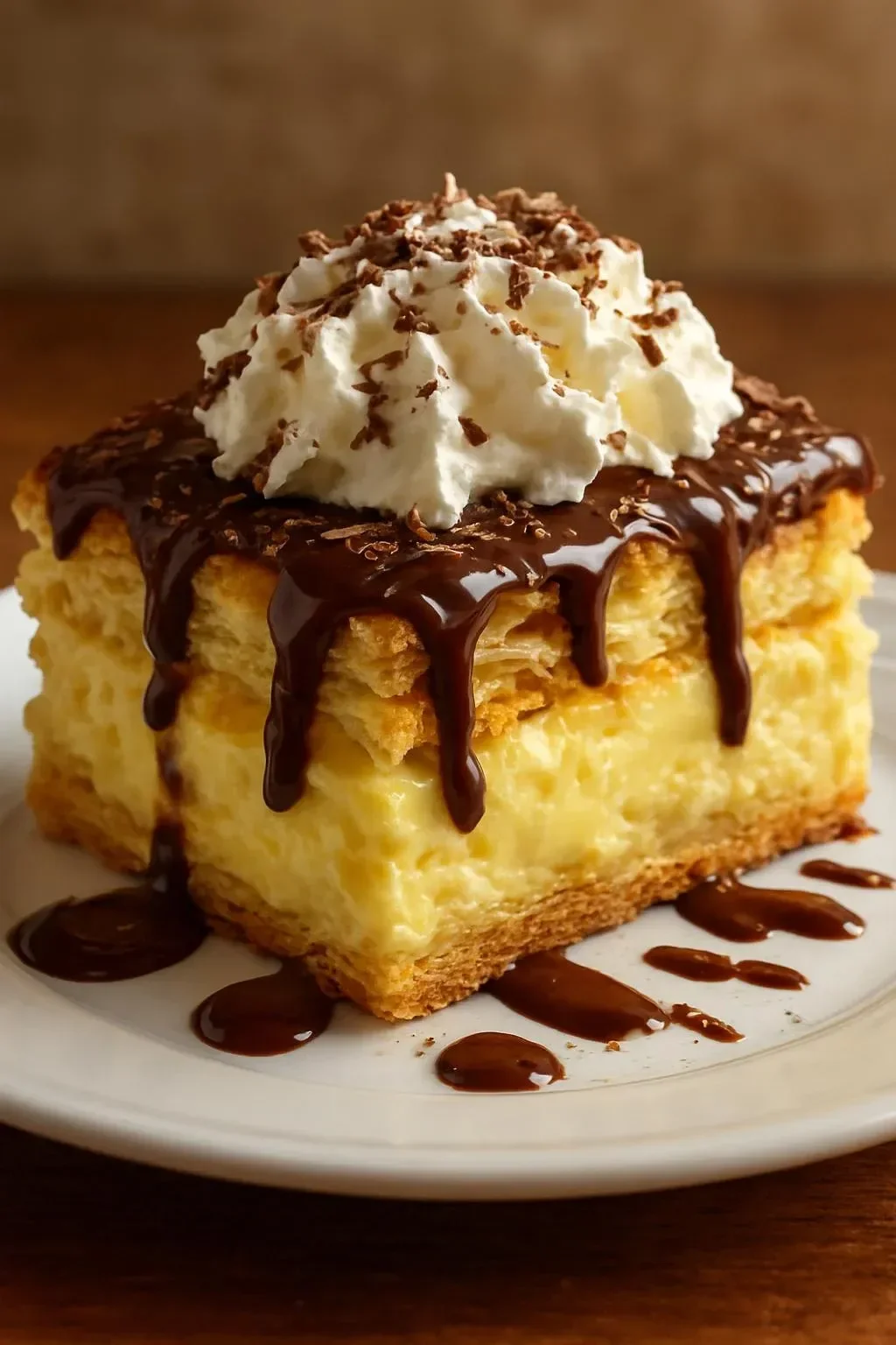 Easy Eclair Cake layered with cream and chocolate glaze