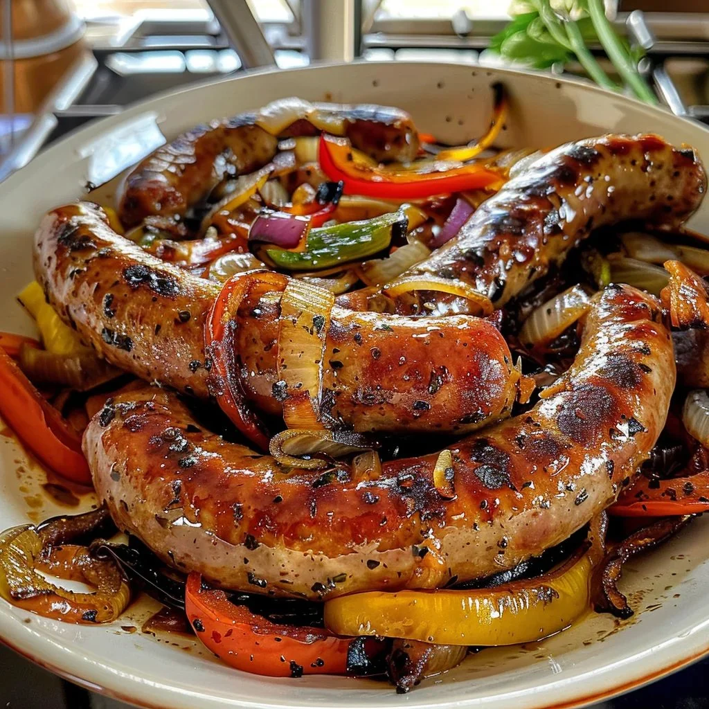 Delicious sausage peppers and onions dish served in a skillet.