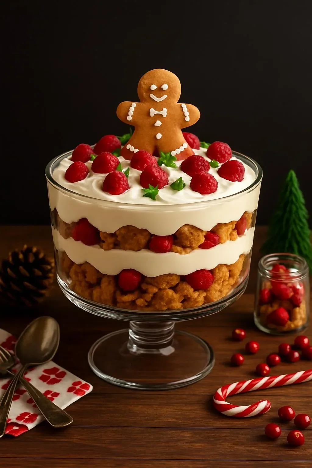 Delicious egg nog trifle dessert with layers of cream and festive toppings.