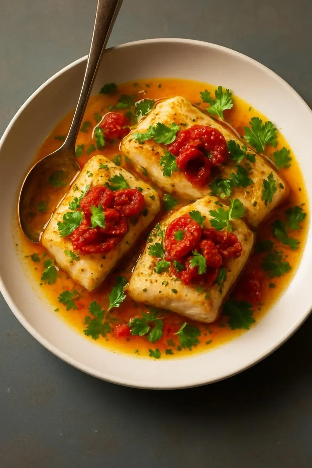 Elegant dish of tomato-poached fish garnished with herbs and served with chile oil