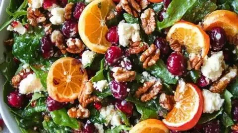 Festive Christmas salad topped with honey-mustard vinaigrette and seasonal ingredients.