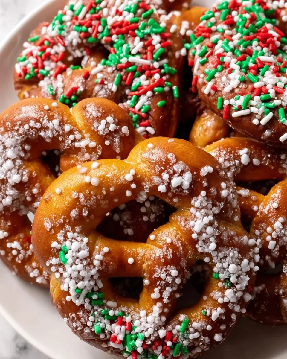 Festive Pretzel Christmas Cookies topped with chocolate and sprinkles