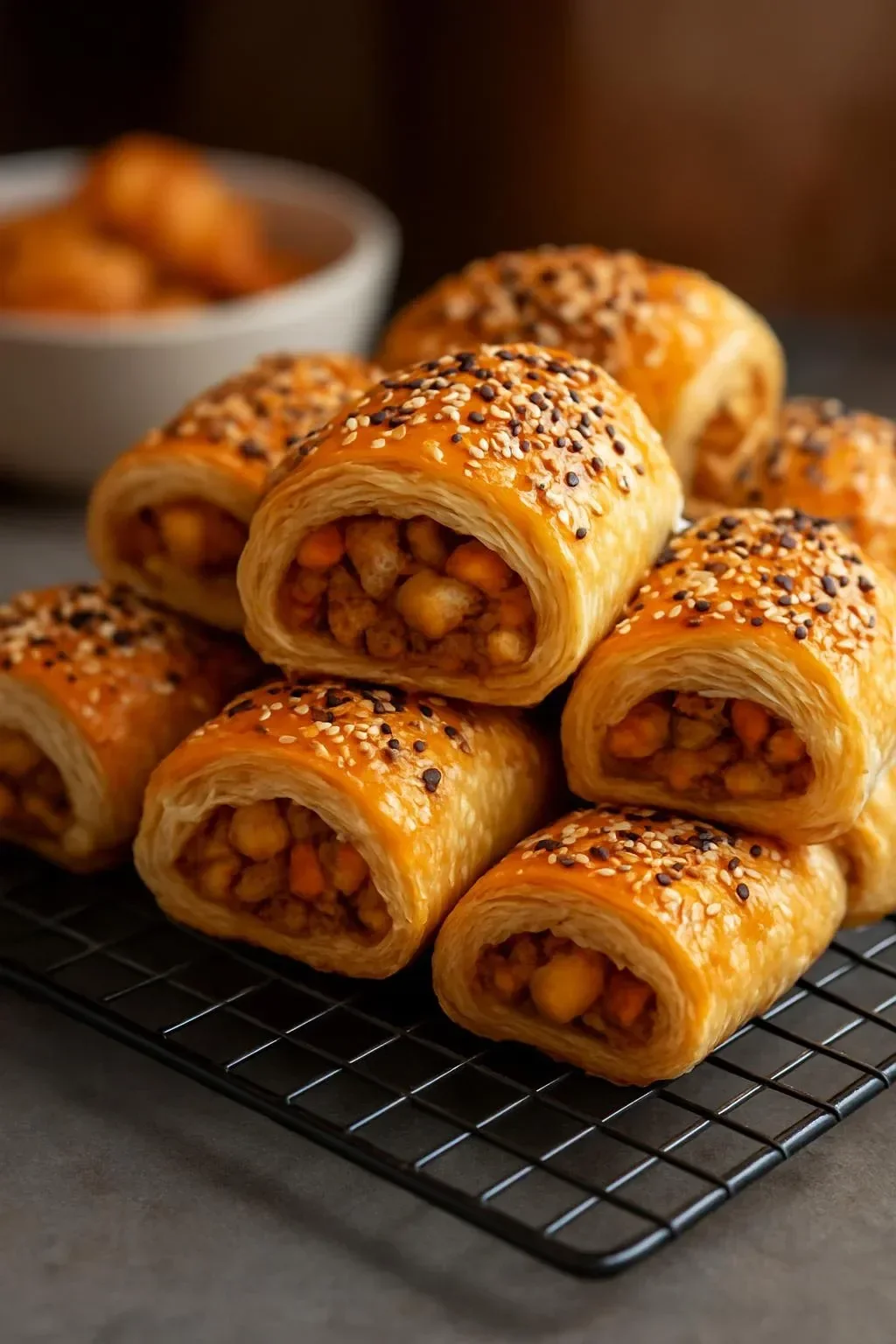Delicious chicken sausage rolls with vegetables, perfect for snacking.