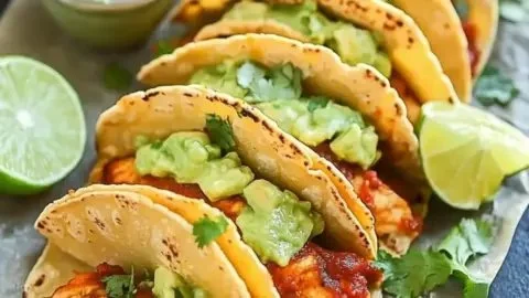 Flavor-packed chicken tacos with avocado tomatillo sauce served on a plate