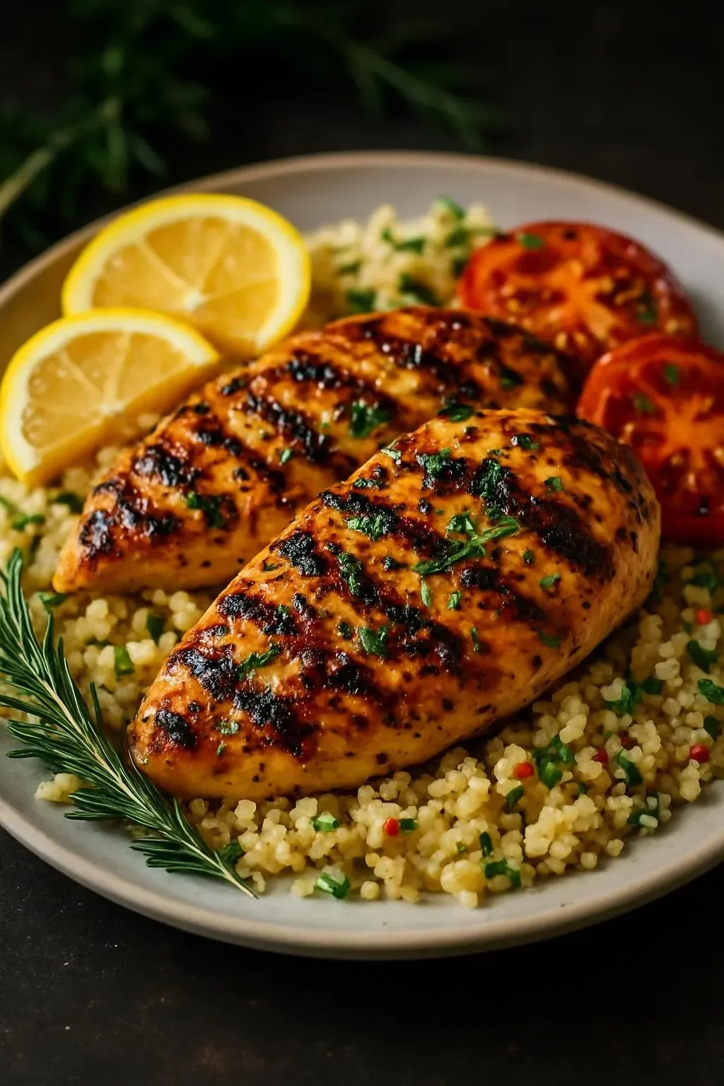 Flavorful lemon herb grilled chicken served with couscous