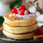 Fluffy Japanese soufflé pancakes served with syrup and fruit toppings.