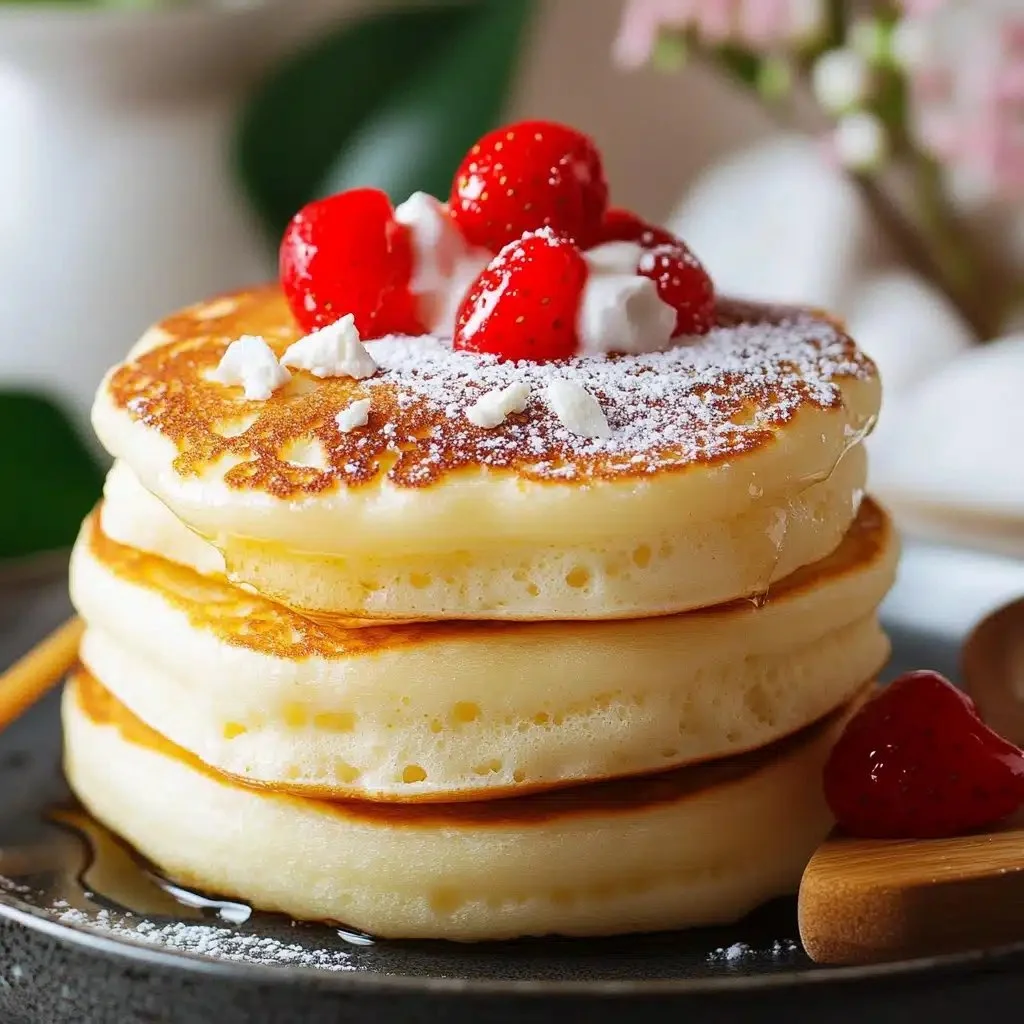 Fluffy Japanese soufflé pancakes served with syrup and fruit toppings.