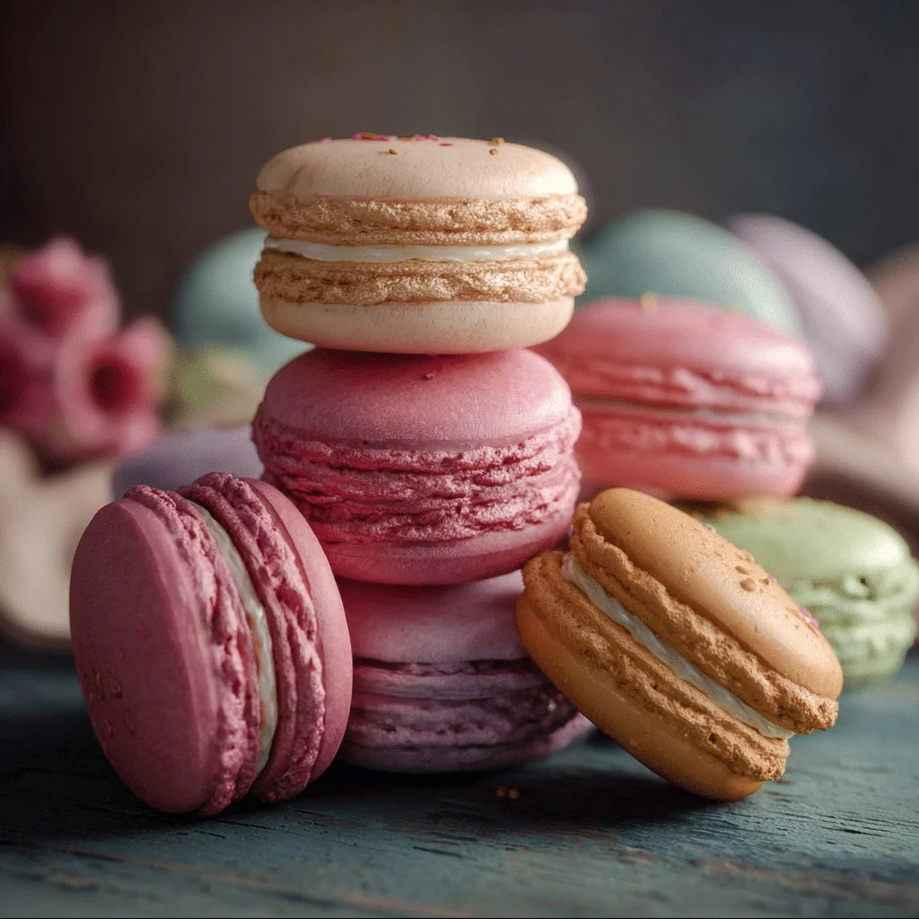 Colorful assortment of French macarons in various flavors stacked elegantly.
