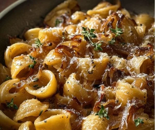 A bowl of rich and savory French Onion Pasta topped with melted cheese and herbs.