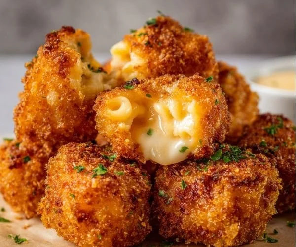 Crispy fried mac and cheese bites served with a dipping sauce