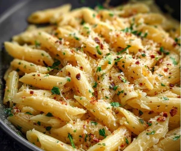 Plate of Garlic Penne Pasta garnished with parsley and garlic