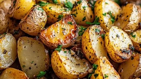 Crispy Garlic Roast Potatoes seasoned to perfection, served as a side dish.