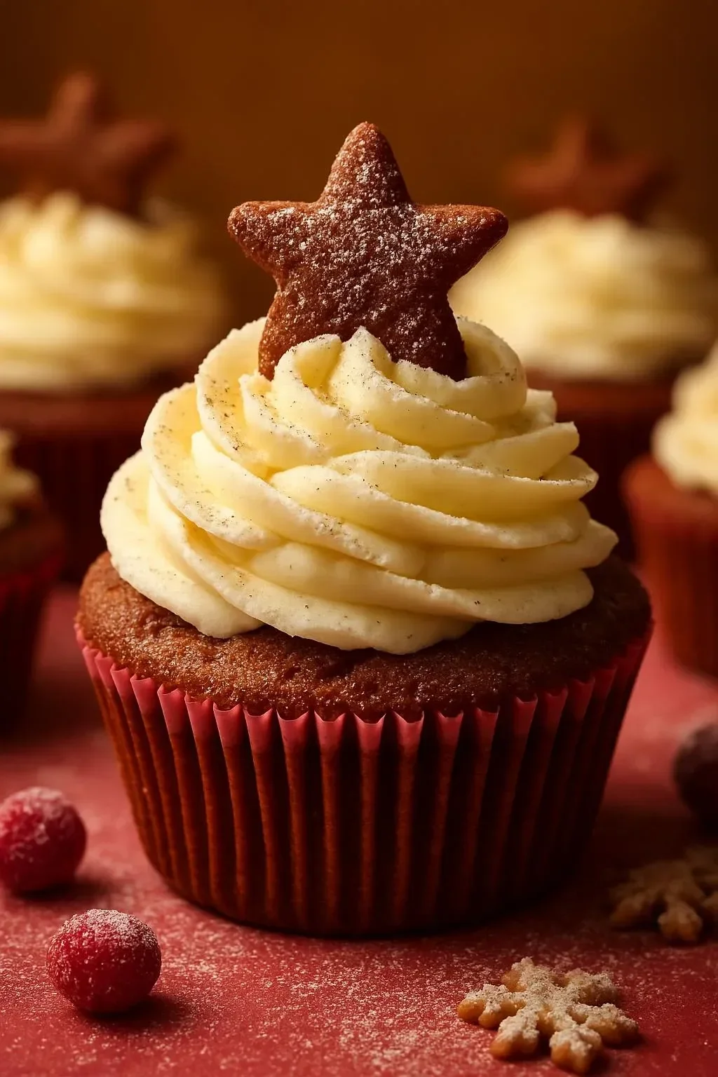 Delicious gingerbread cupcakes with cream cheese frosting decorated for the holidays