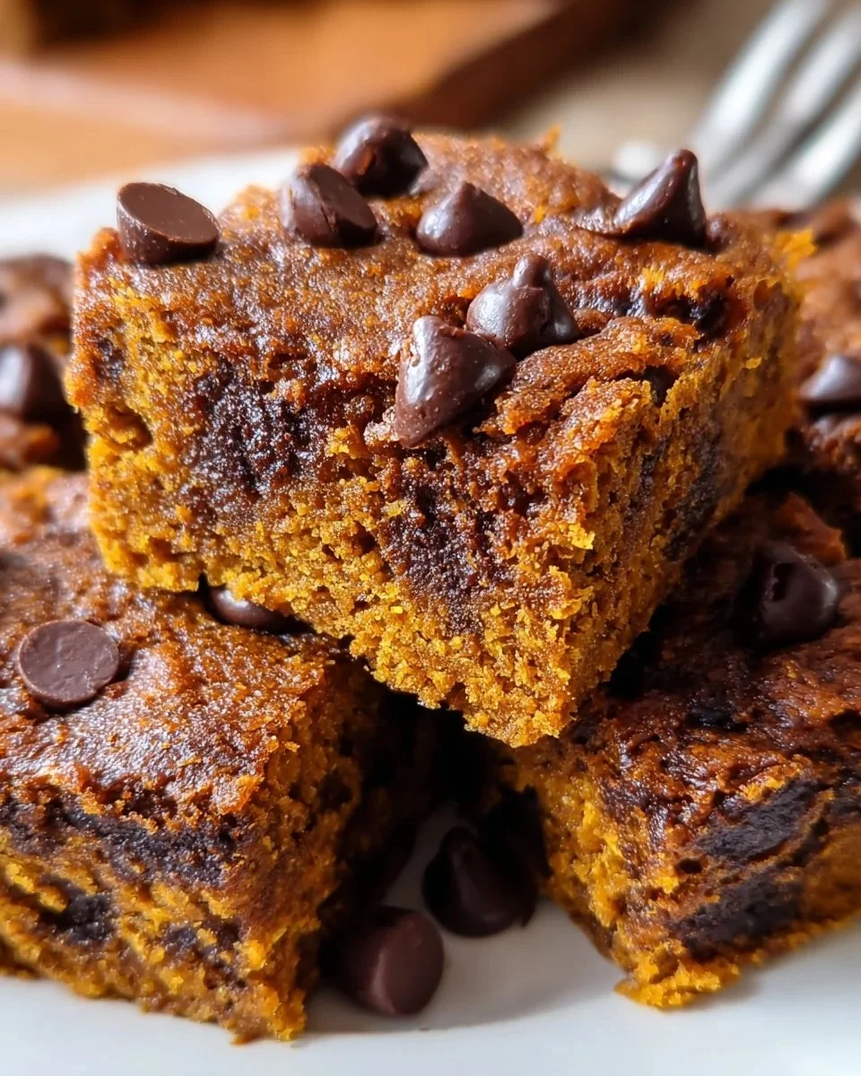Gingerbread pumpkin chocolate chip bars with warm spices and chocolate chips