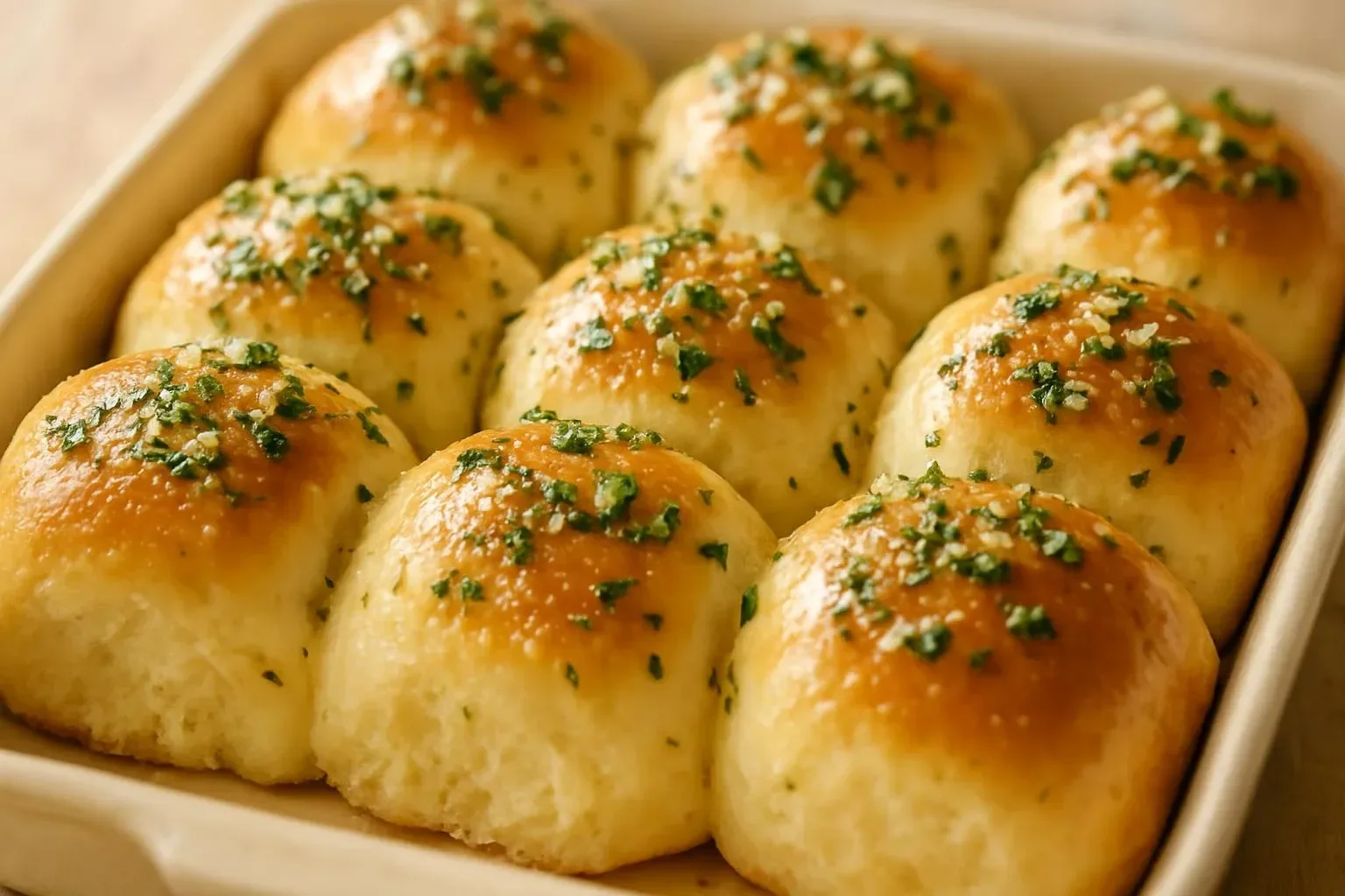 Freshly baked golden Pampushky served with garlic sauce