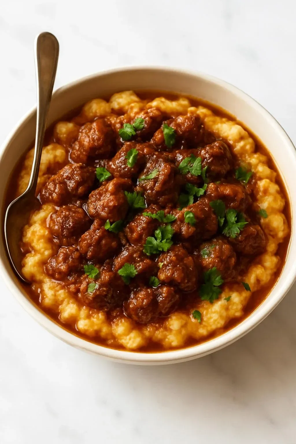 Delicious ground beef and rice skillet dish garnished with herbs