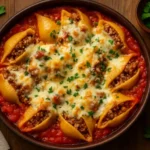 Plate of Ground Beef Stuffed Shells topped with marinara sauce and herbs