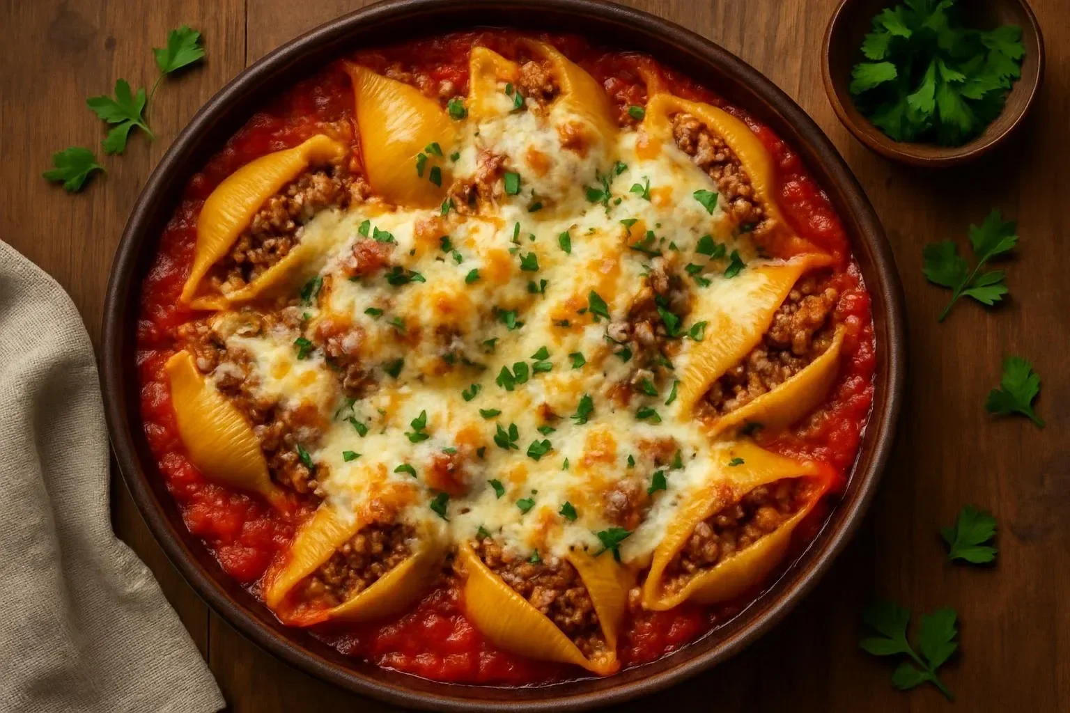 Plate of Ground Beef Stuffed Shells topped with marinara sauce and herbs