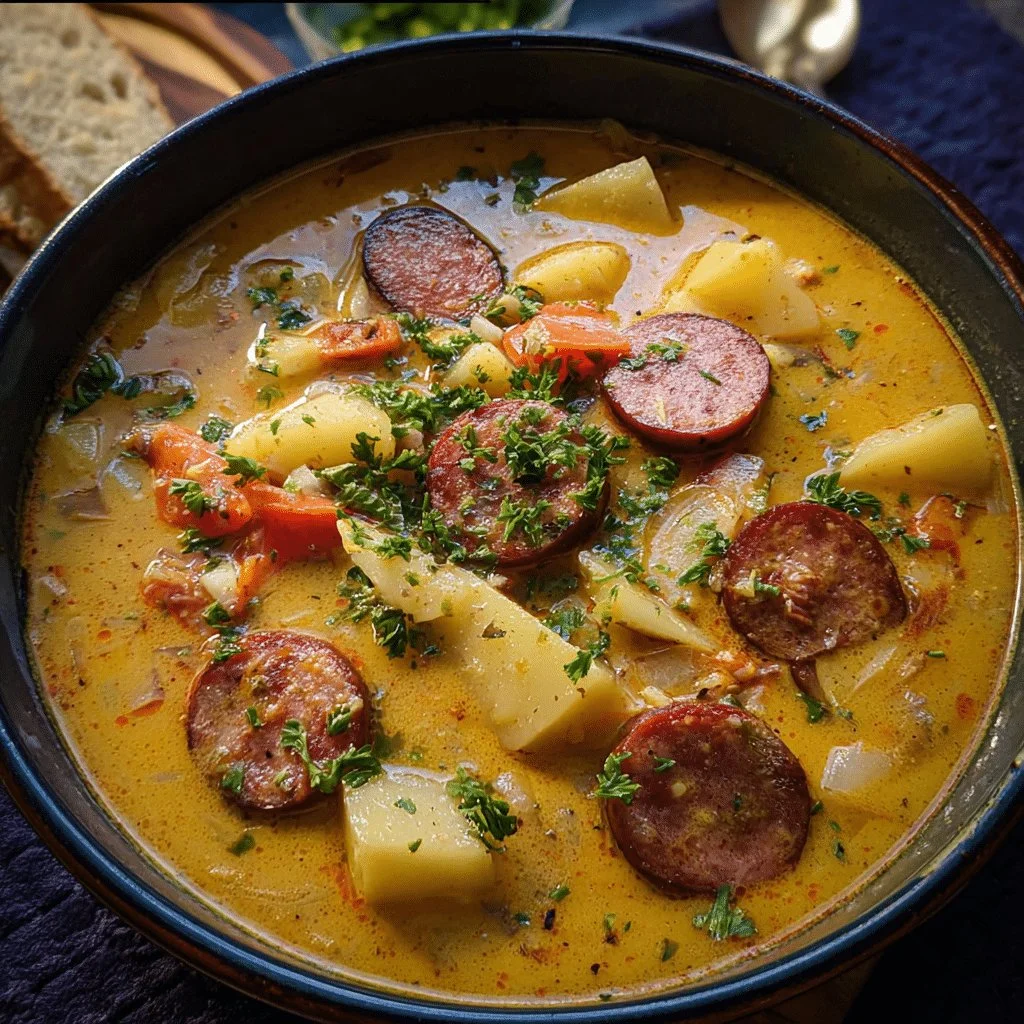 Bowl of hearty Cajun Potato Soup with Andouille Sausage and fresh herbs
