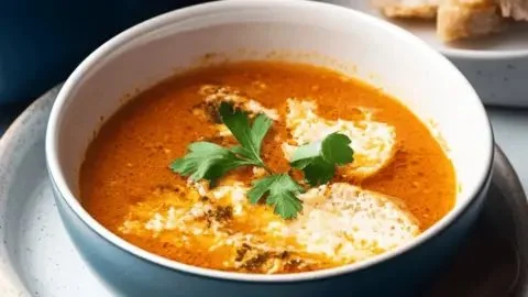 A bowl of hearty Spanish garlic soup garnished with fresh herbs and served hot.