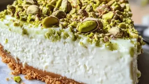 Heavenly pistachio white chocolate cheesecake with creamy topping and pistachios