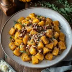 Heavenly pumpkin ricotta gnocchi topped with brown butter and walnuts