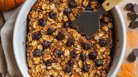 Delicious higher protein pumpkin baked oatmeal with chocolate chips in a bowl.