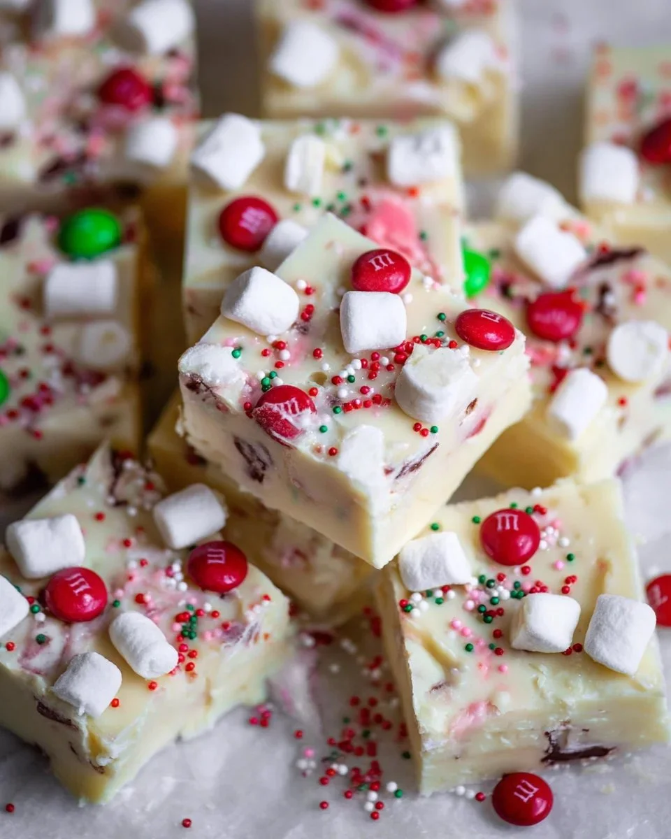 Delicious holiday white chocolate marshmallow fudge