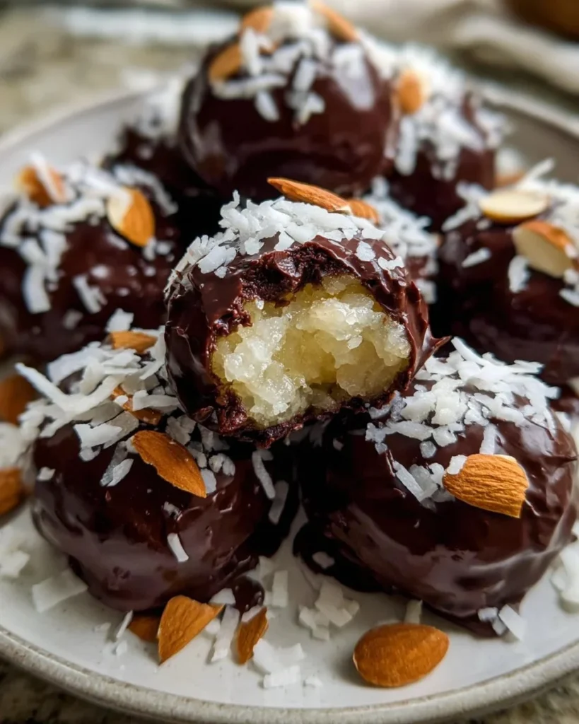 Delicious homemade almond joys with chocolate, coconut, and almonds