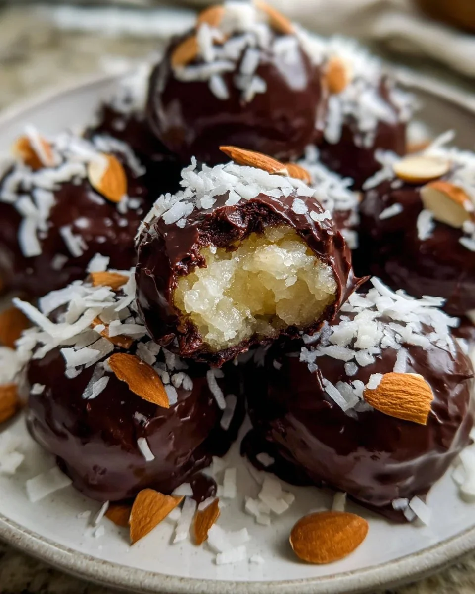 Delicious homemade almond joys with chocolate, coconut, and almonds
