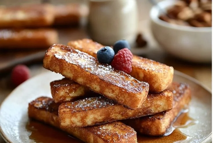 Homemade French toast sticks served on a plate with syrup for dipping