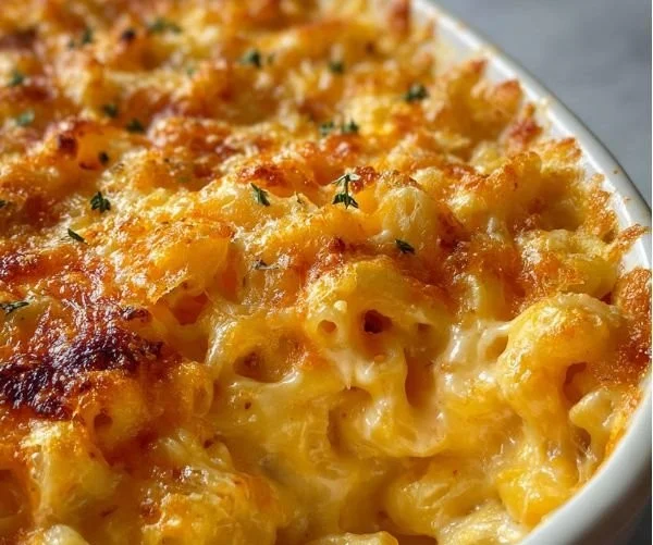 Delicious homemade macaroni and cheese in a creamy sauce topped with breadcrumbs