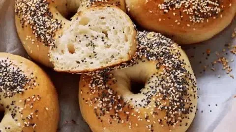 Homemade sourdough discard bagels baked to golden perfection