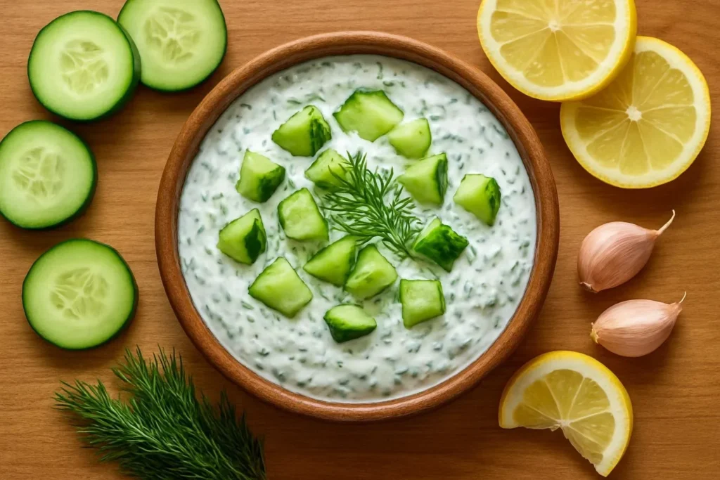 Bowl of homemade tzatziki sauce with herbs and yogurt
