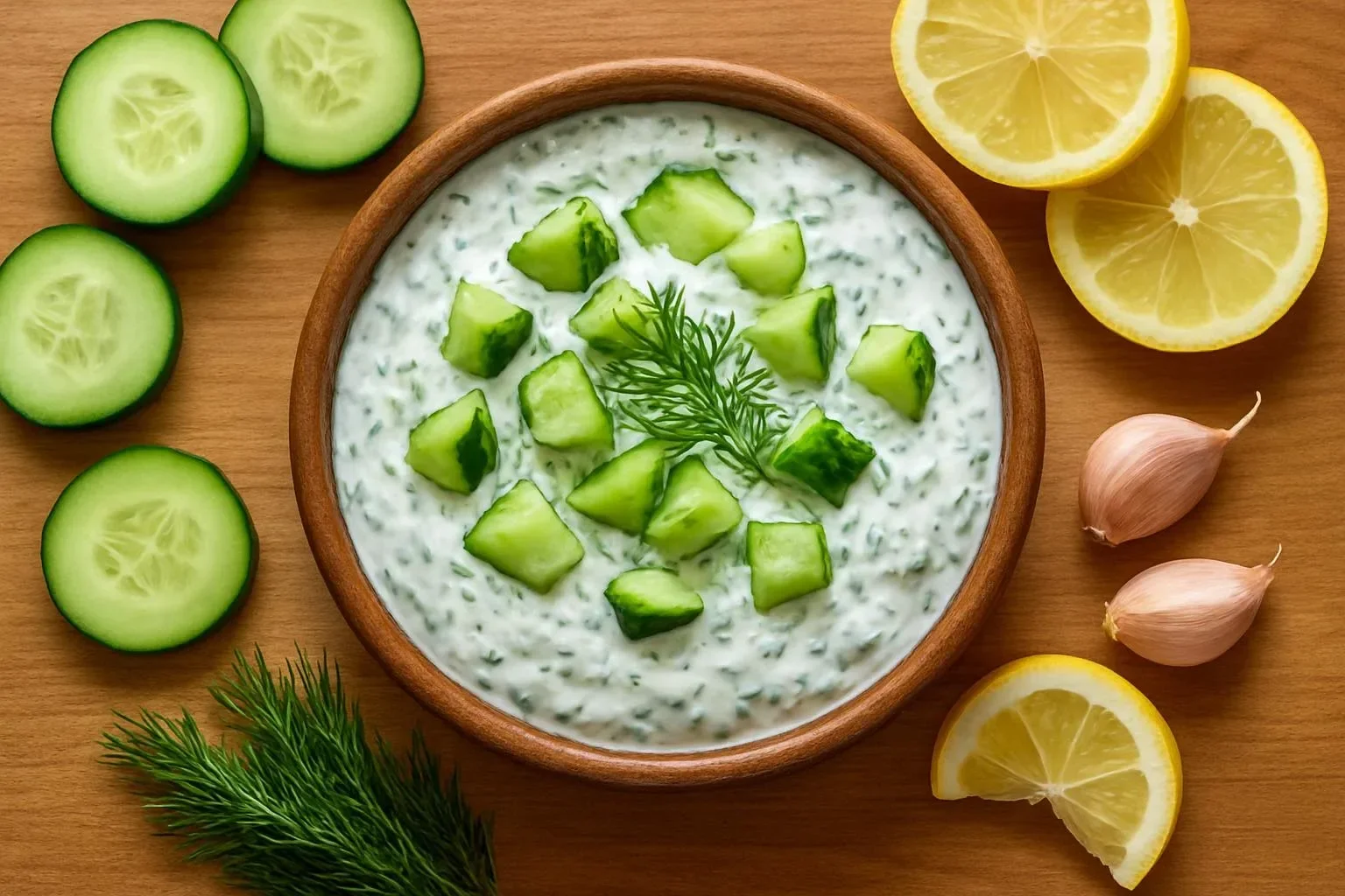 Bowl of homemade tzatziki sauce with herbs and yogurt