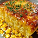 Delicious honey glazed corn casserole ready to be served in a baking dish.