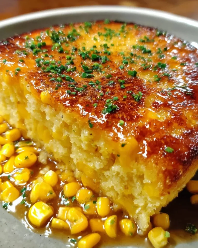 Delicious honey glazed corn casserole ready to be served in a baking dish.
