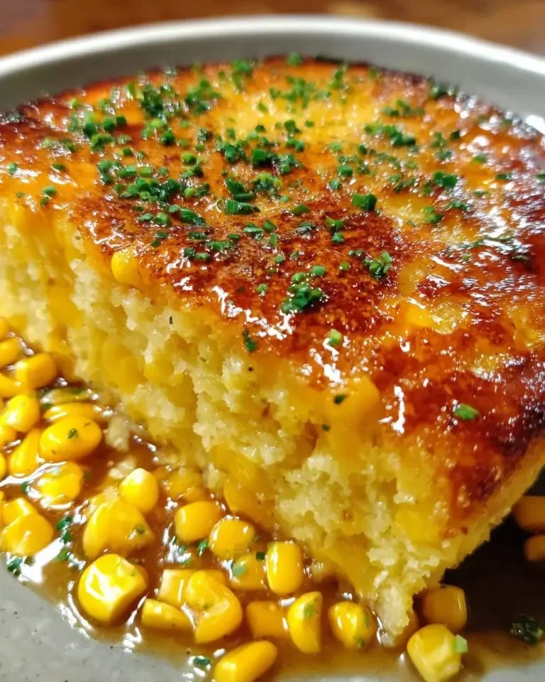Honey glazed corn casserole dish ready to serve.