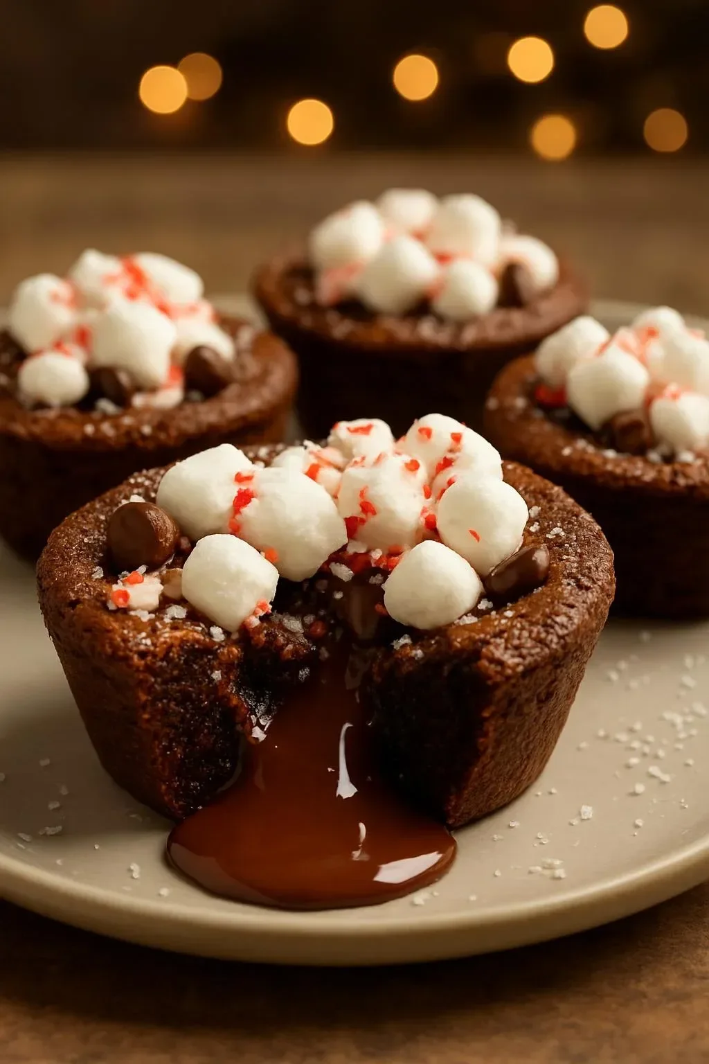 Delicious hot chocolate cookie cups filled with melted chocolate and marshmallows