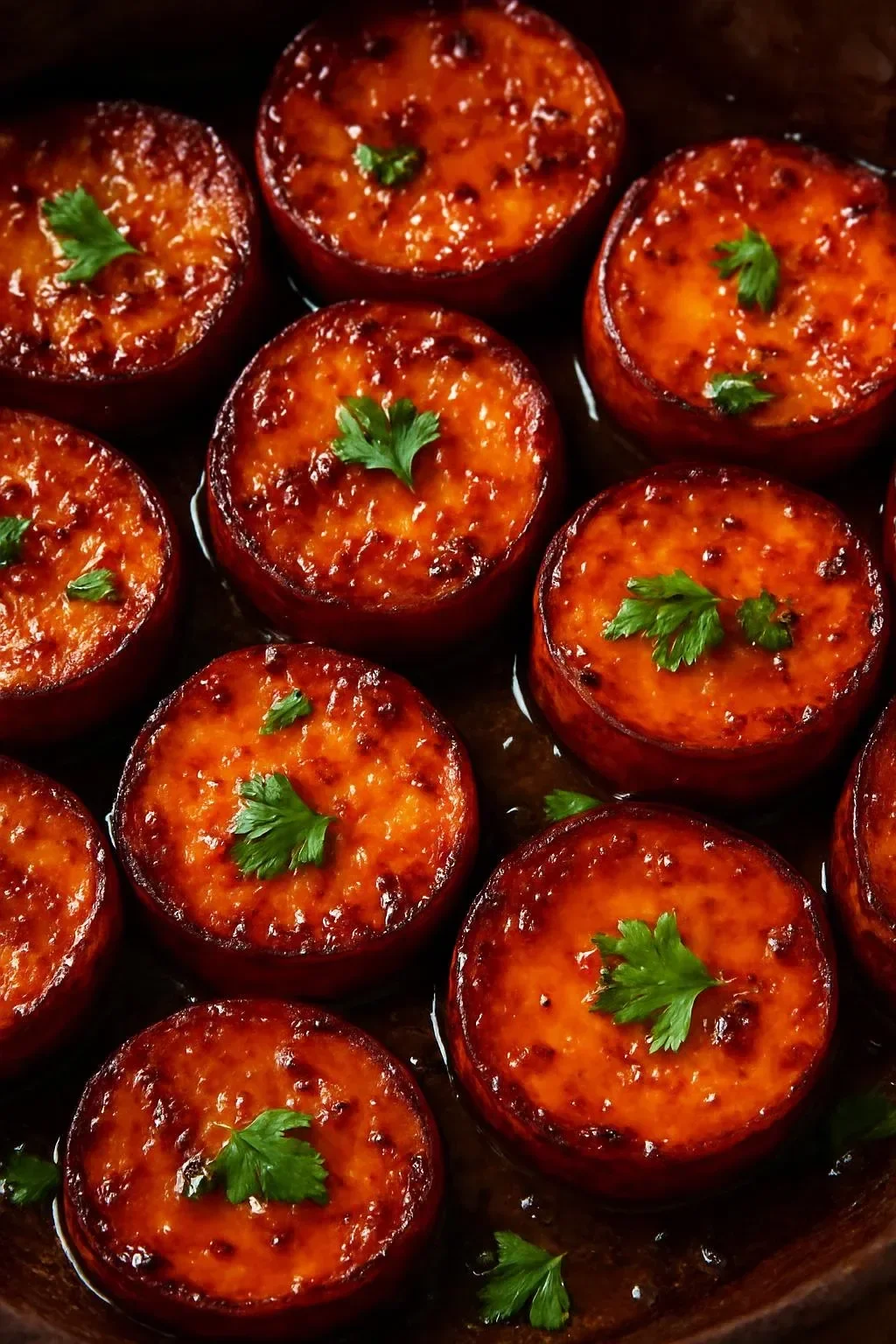 Hot honey melting sweet potatoes topped with spicy honey drizzle.