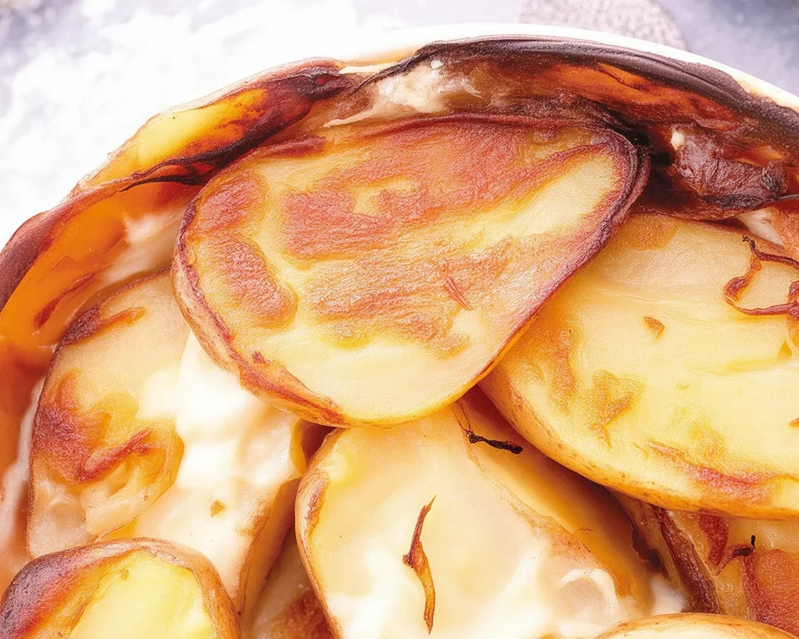 Hairy Bikers' Panacalty Bake with corned beef, potatoes, and onions in a dish.