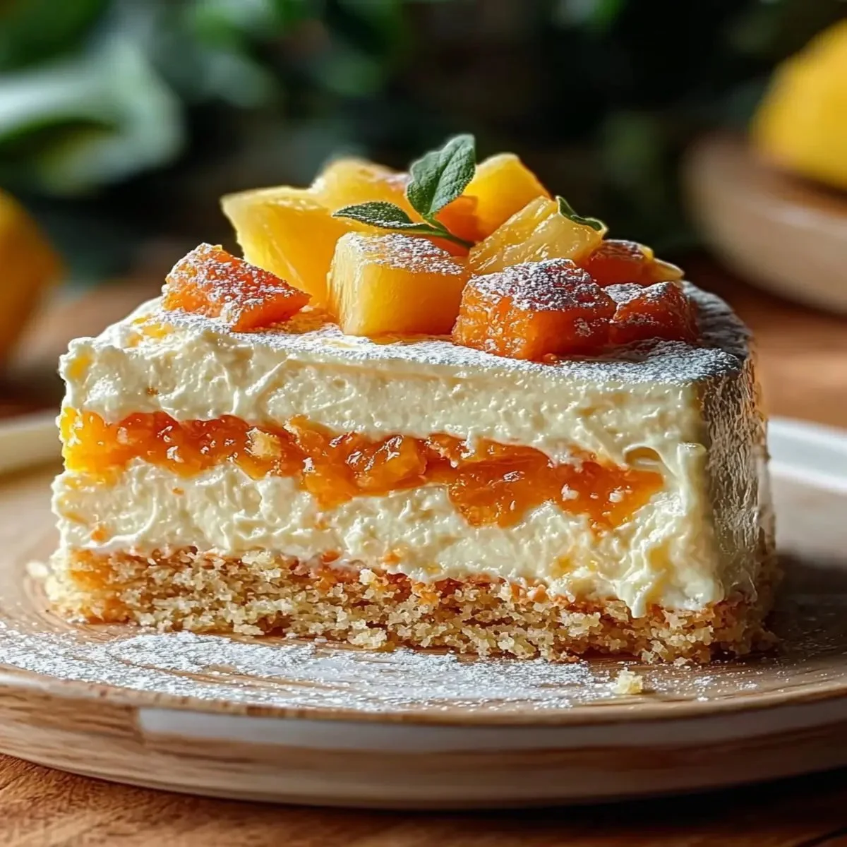 Delicious Pineapple Carrot Cream Cake topped with cream frosting and fresh fruit