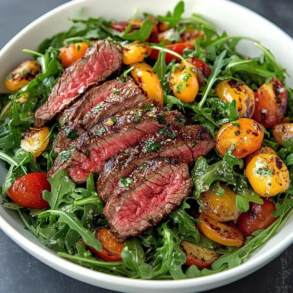 Irresistible arugula skirt steak salad with crispy potatoes ready to serve