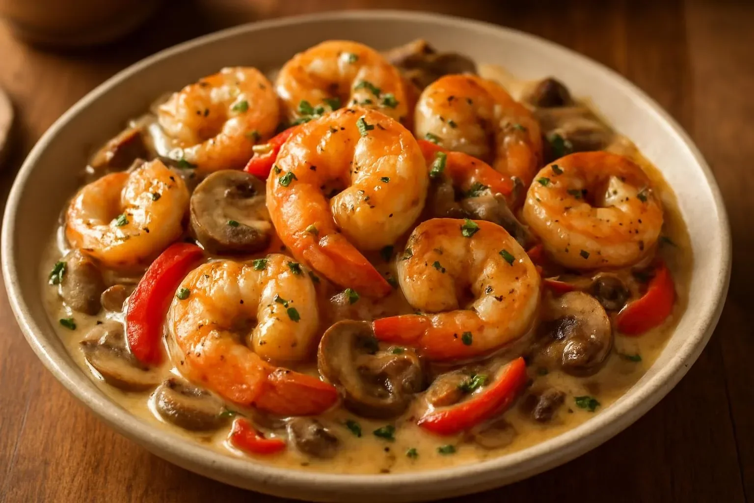 A delicious plate of blackened shrimp stroganoff garnished with herbs and served over pasta.