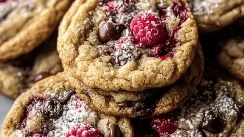 Delicious brown butter raspberry chocolate chip cookies baked to perfection