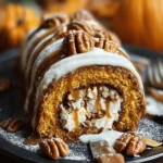 Deliciously rolled Caramel Pecan Pumpkin Roll on a festive table setting.