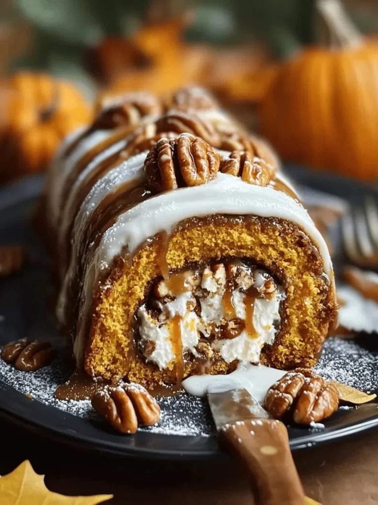 Deliciously rolled Caramel Pecan Pumpkin Roll on a festive table setting.